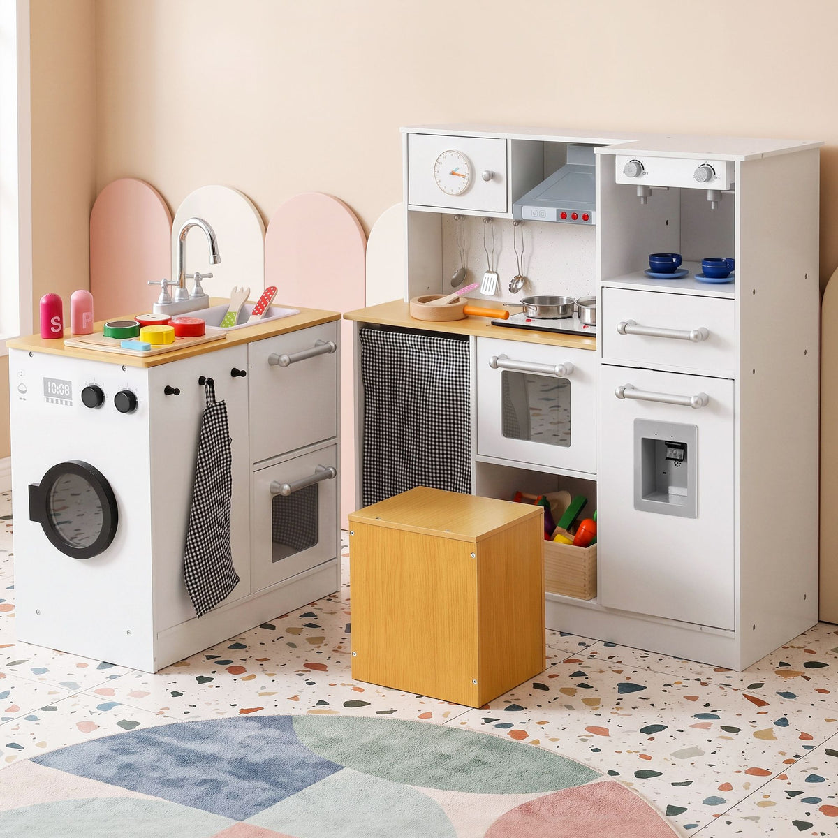 Keezi Kids Wooden Pretend Kitchen Playset 2-Piece with 29pc Food Set