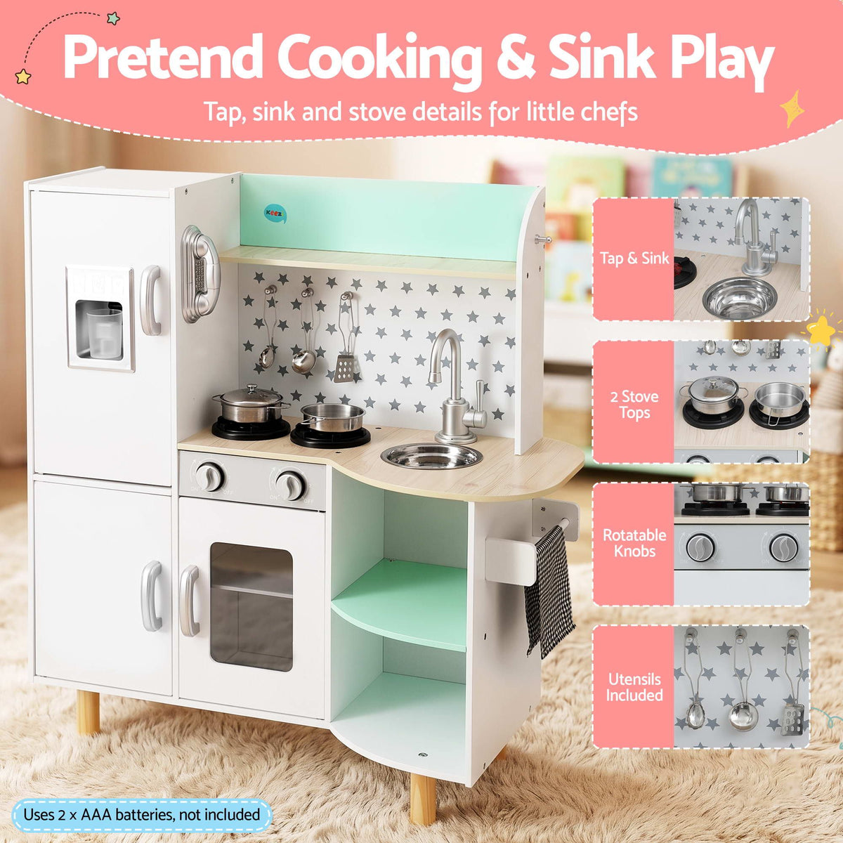 Keezi Kid Pretend Kitchen Wooden Play Sink Playset Green