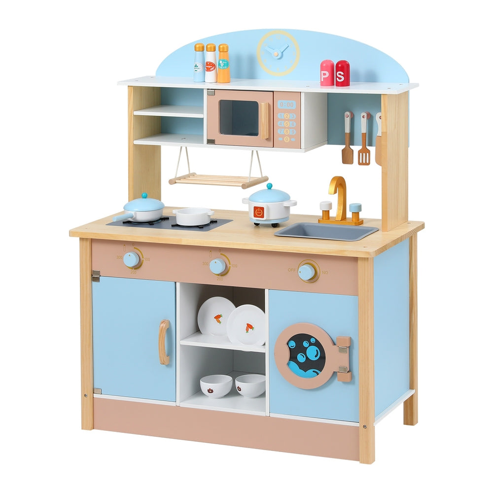 Sturdy Wooden Kids Kitchen Play Set, 80CM, Includes Accessories - Keezi