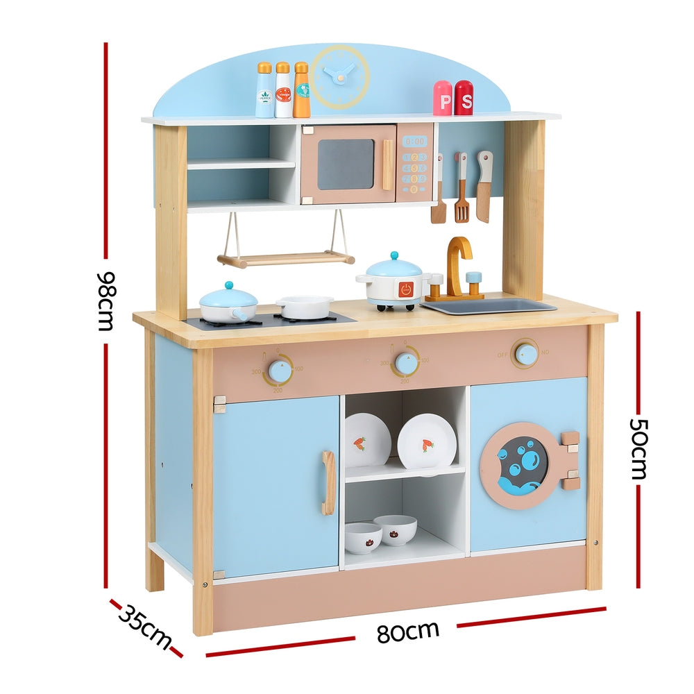 Sturdy Wooden Kids Kitchen Play Set, 80CM, Includes Accessories - Keezi