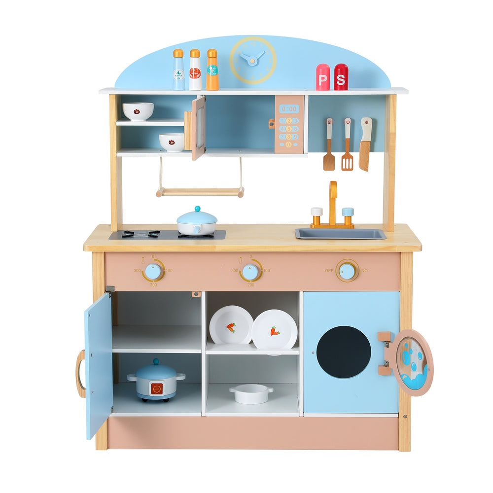 Sturdy Wooden Kids Kitchen Play Set, 80CM, Includes Accessories - Keezi