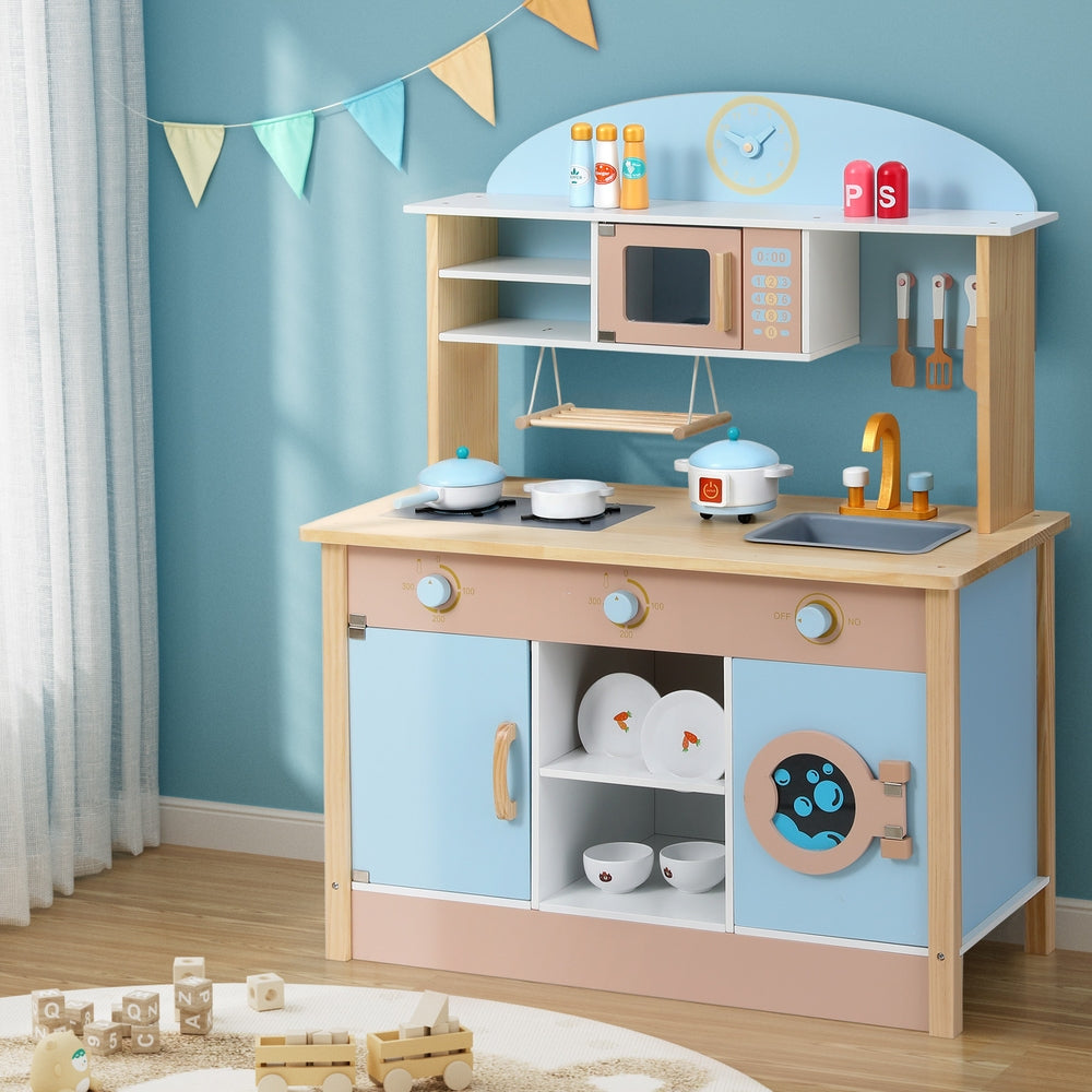 Sturdy Wooden Kids Kitchen Play Set, 80CM, Includes Accessories - Keezi