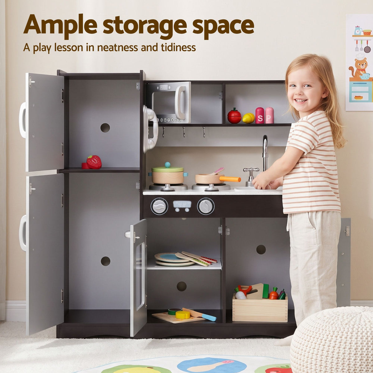 Keezi Kids Play Kitchen With 29-Piece Wooden Play Food Set