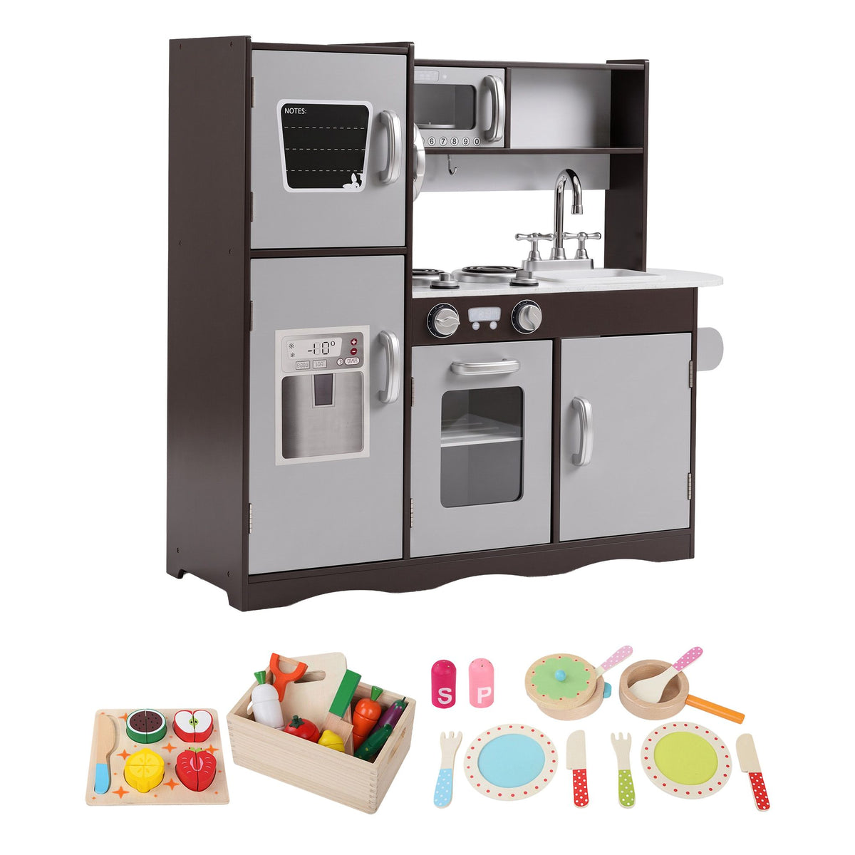 Keezi Kids Play Kitchen With 29-Piece Wooden Play Food Set