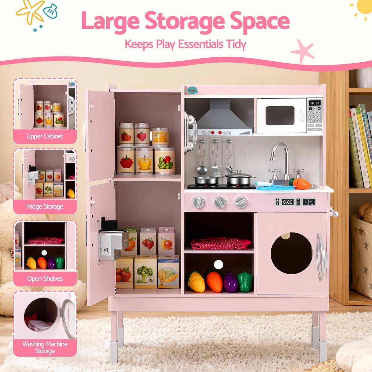 Keezi Wooden Pretend Kitchen Playset 102cm Pink