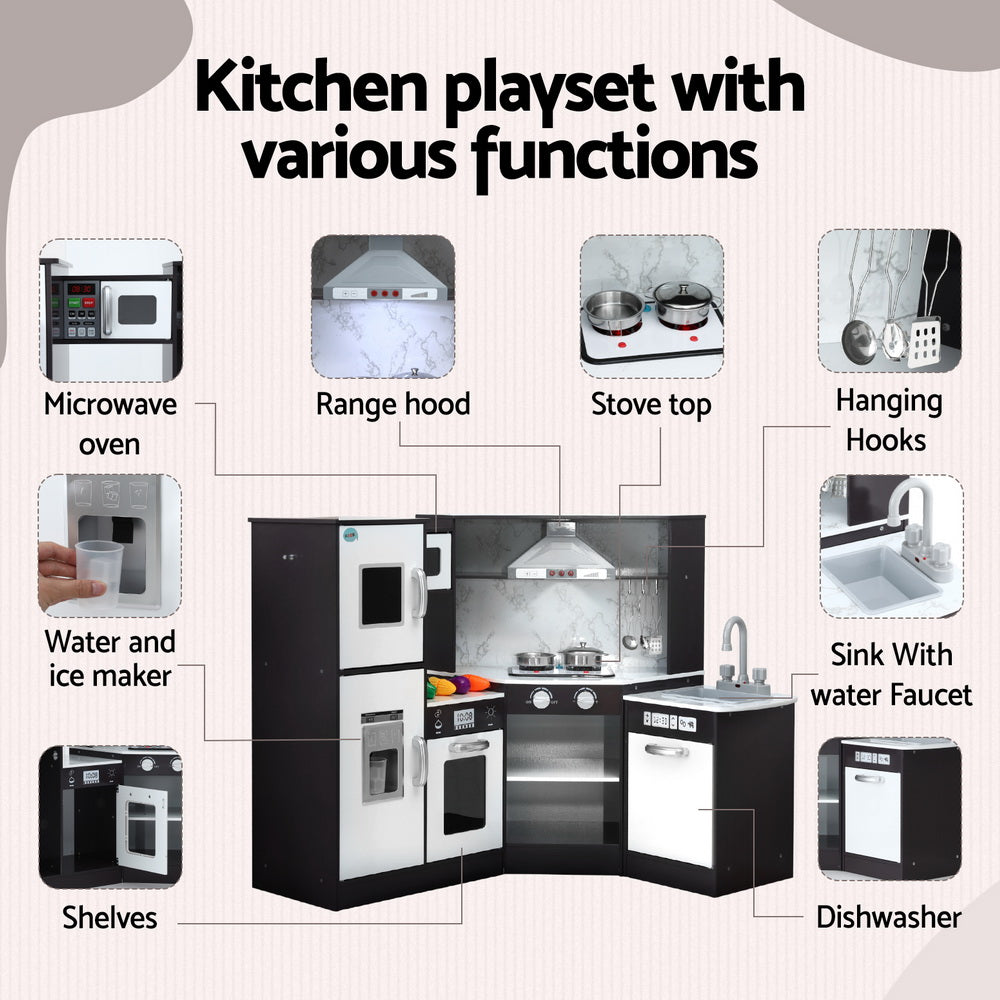 Keezi Wooden Kids Kitchen Play Set Black Sounds & Lights