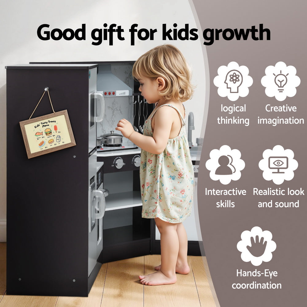 Keezi Wooden Kids Kitchen Play Set Black Sounds & Lights