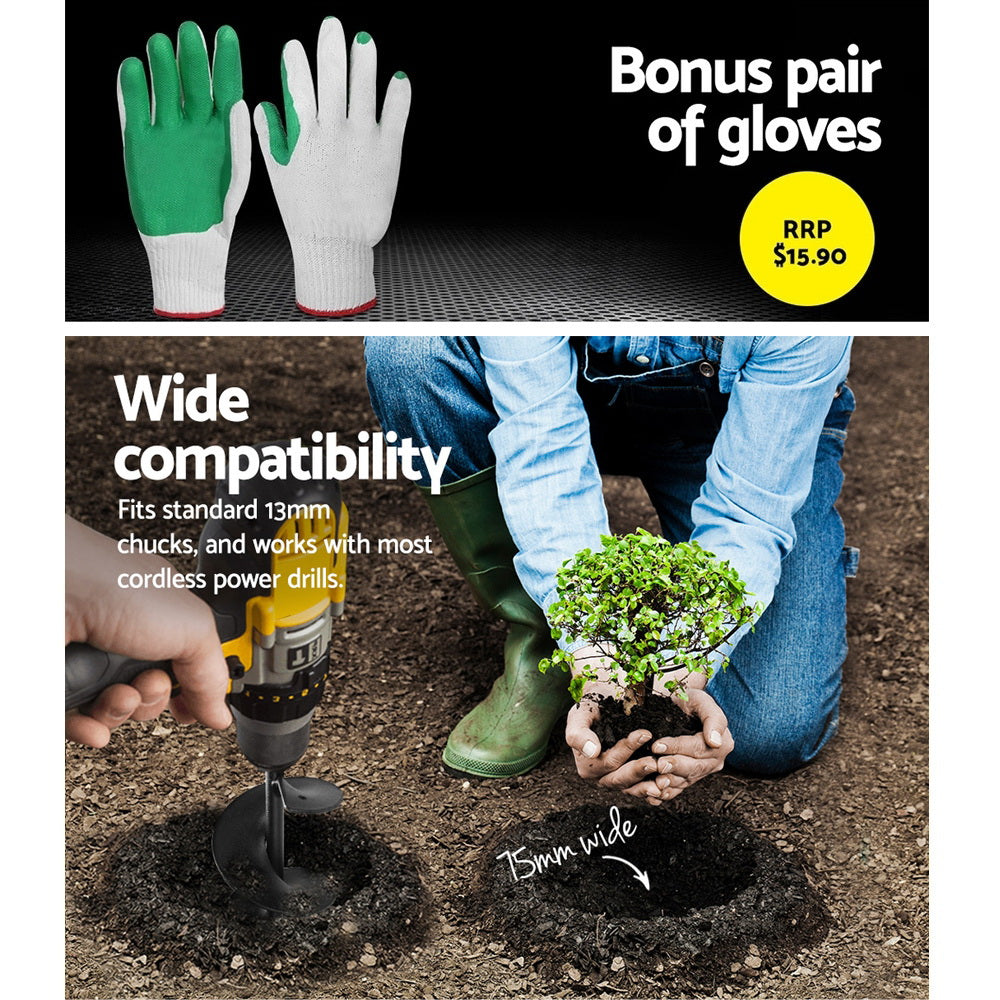 Giantz Small Earth Planter Auger 75x300mm Black