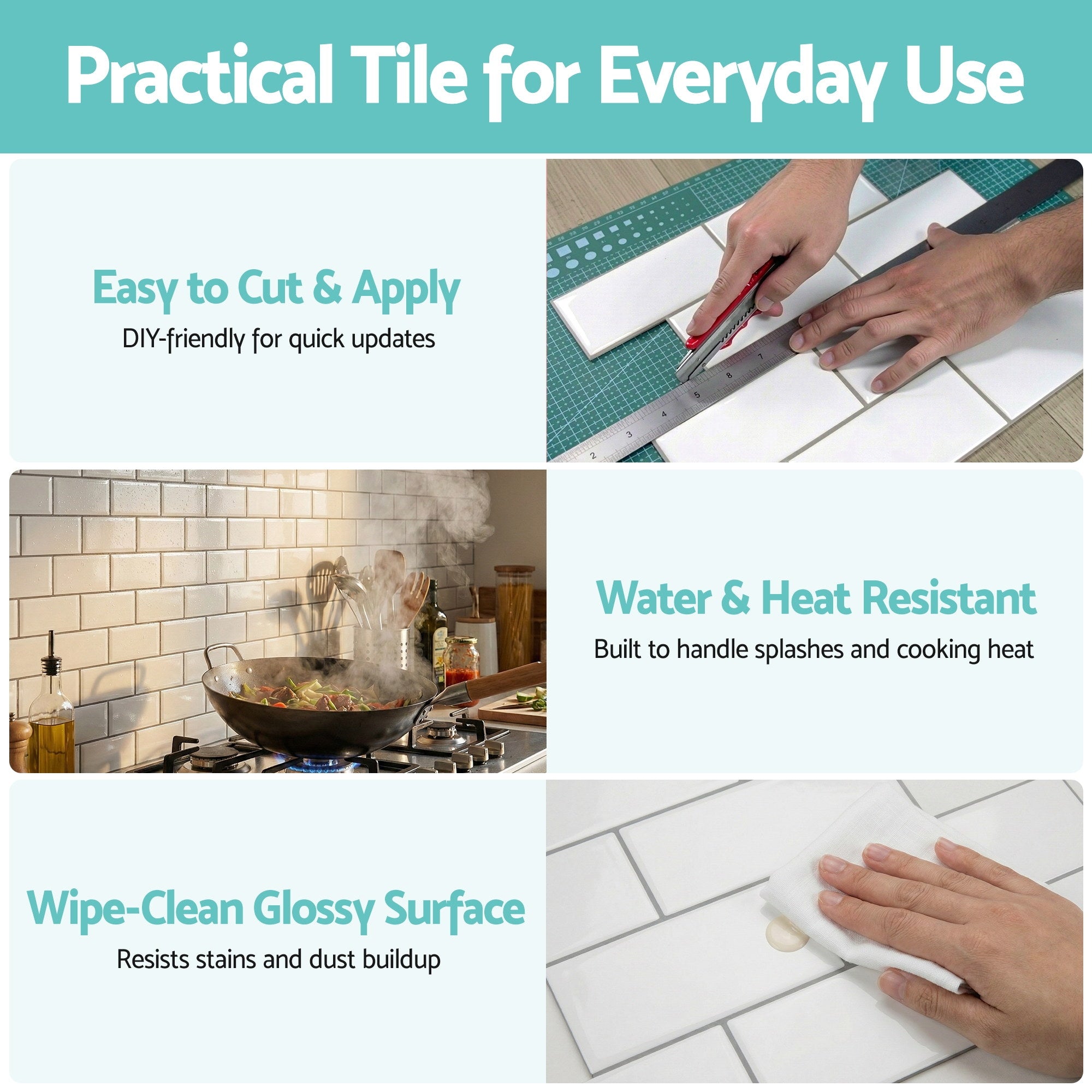 Artiss 3D Peel and Stick Wall Tiles Self Adhesive Subway Backsplash 10 Sheets, White