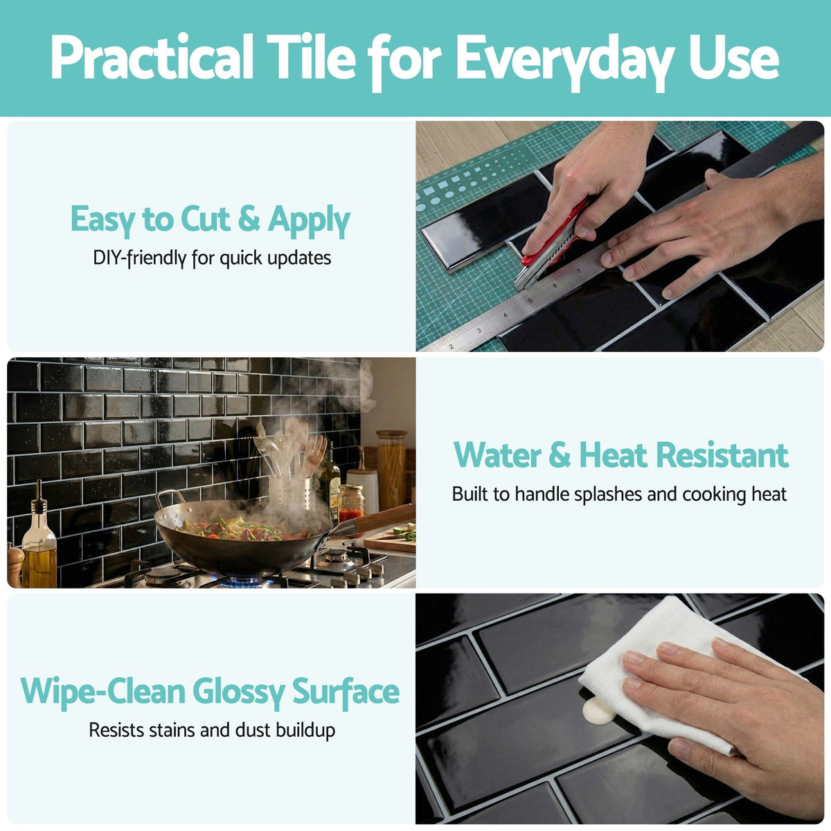 Artiss 3D Peel and Stick Subway Wall Tiles 10 Sheets Black