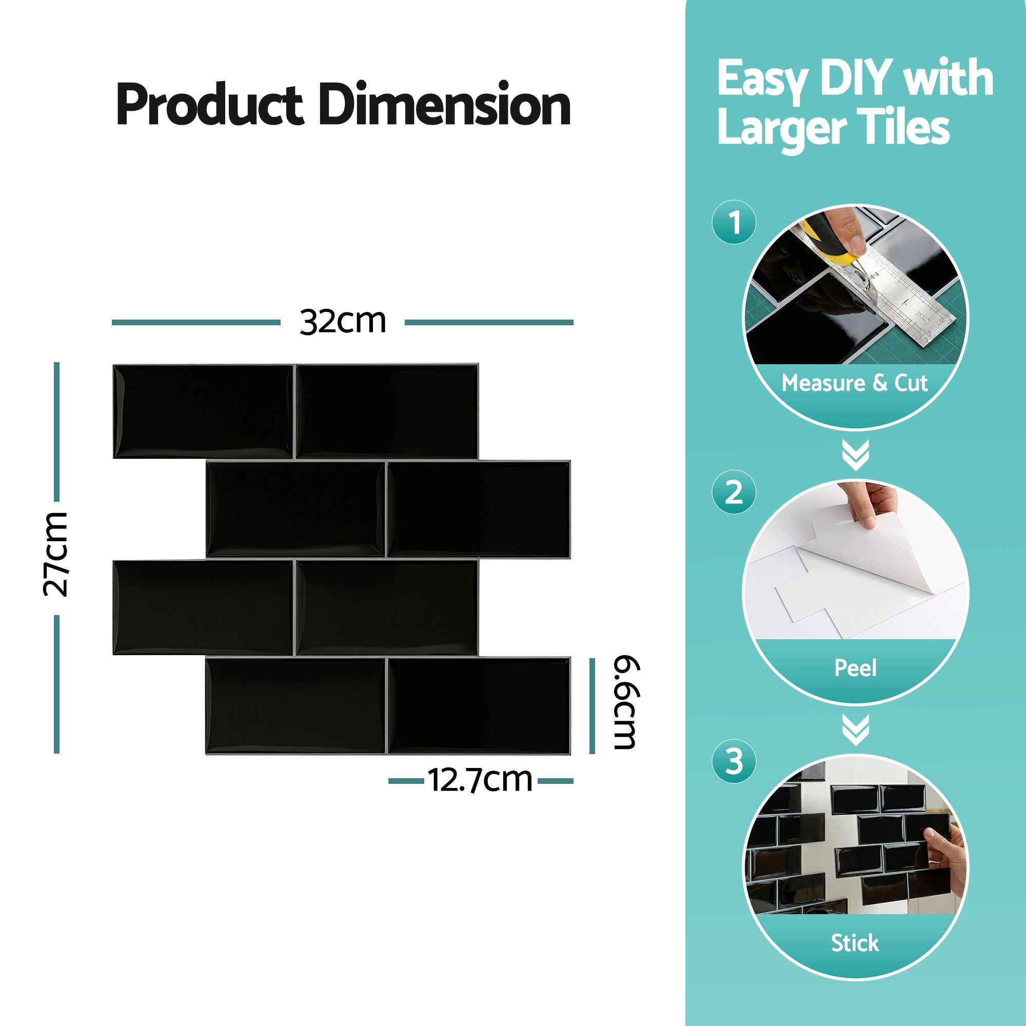 Artiss 3D Peel and Stick Wall Tiles Self Adhesive Subway Backsplash 10 Sheets, Black