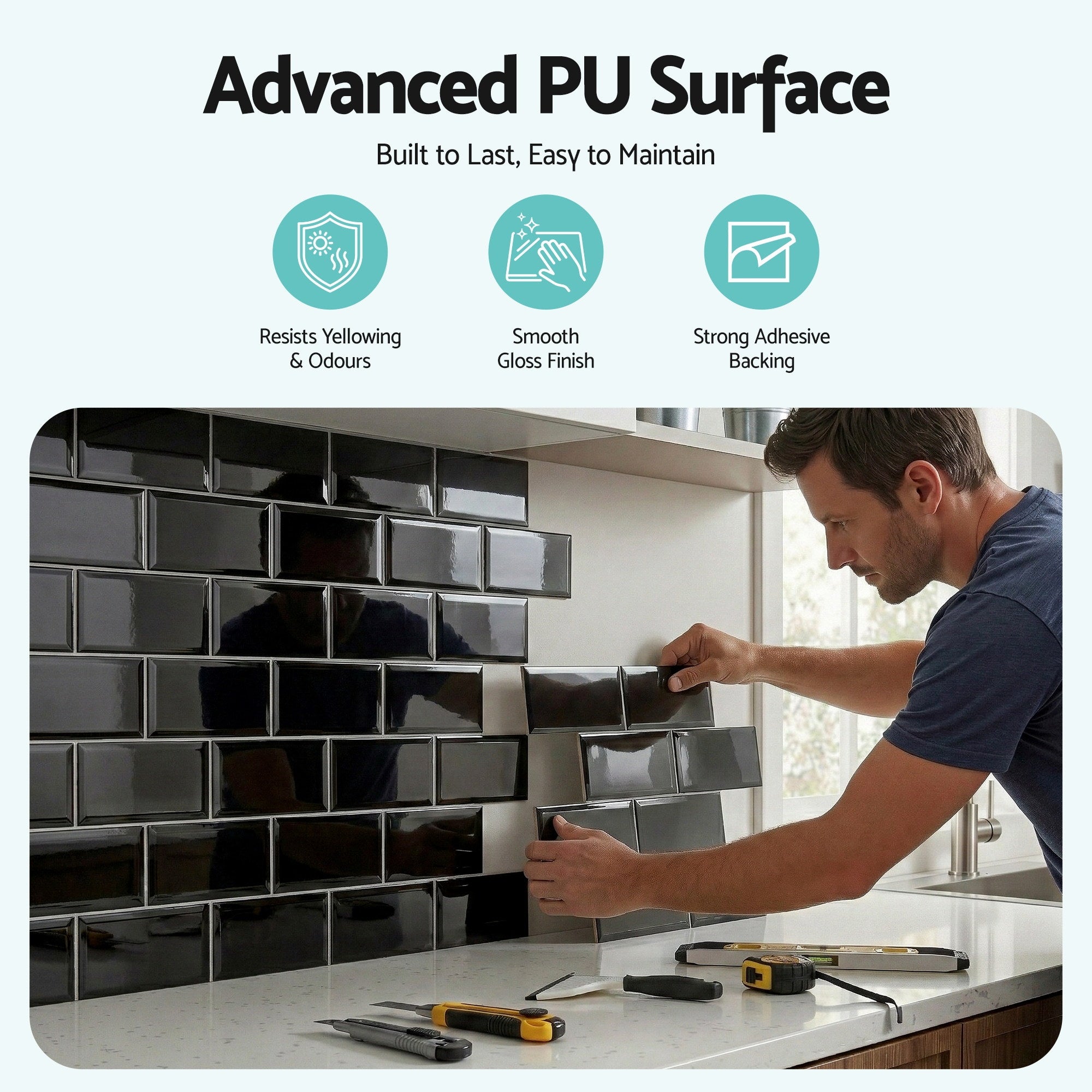 Artiss 3D Peel and Stick Wall Tiles Self Adhesive Subway Backsplash 10 Sheets, Black