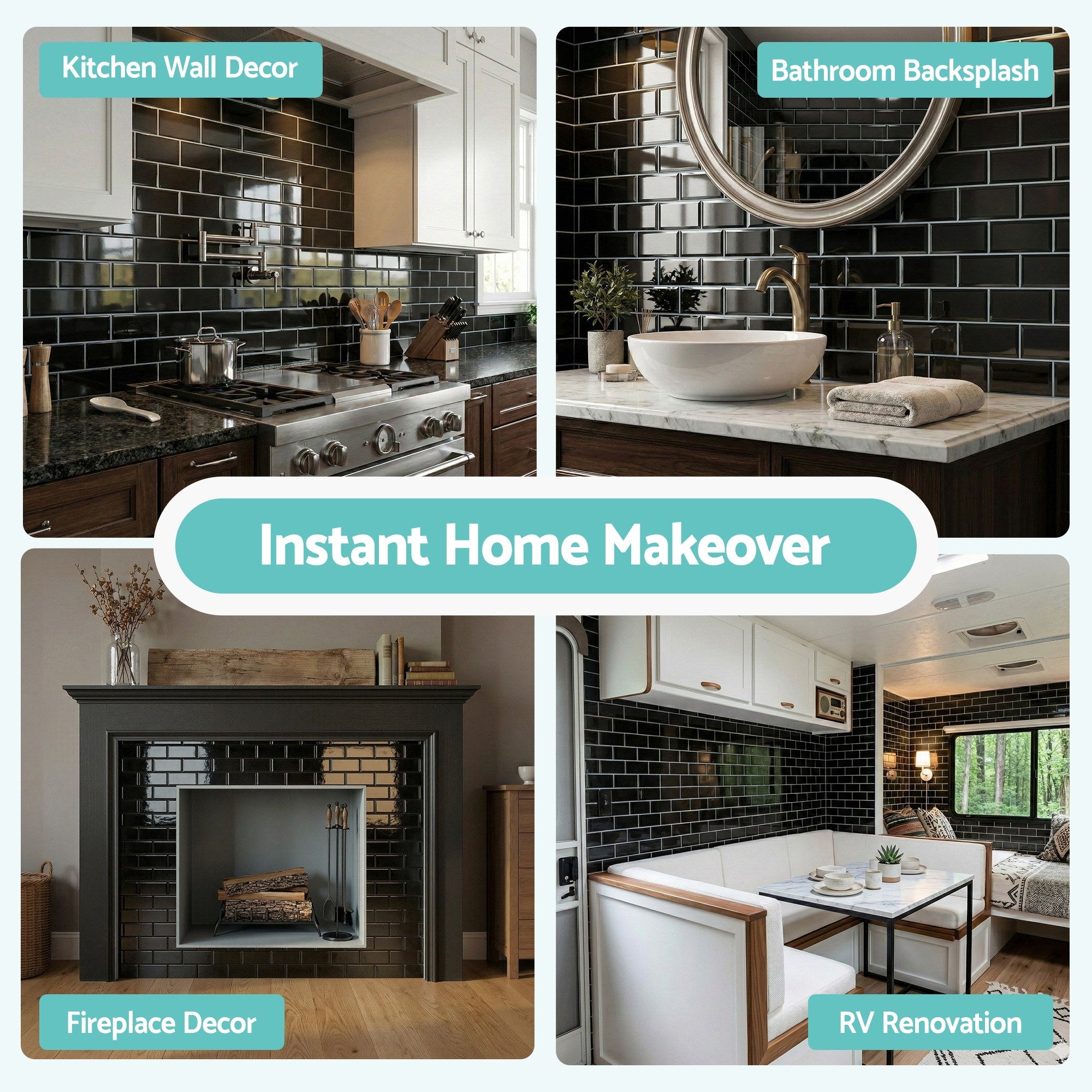 Artiss 3D Peel and Stick Wall Tiles Self Adhesive Subway Backsplash 10 Sheets, Black