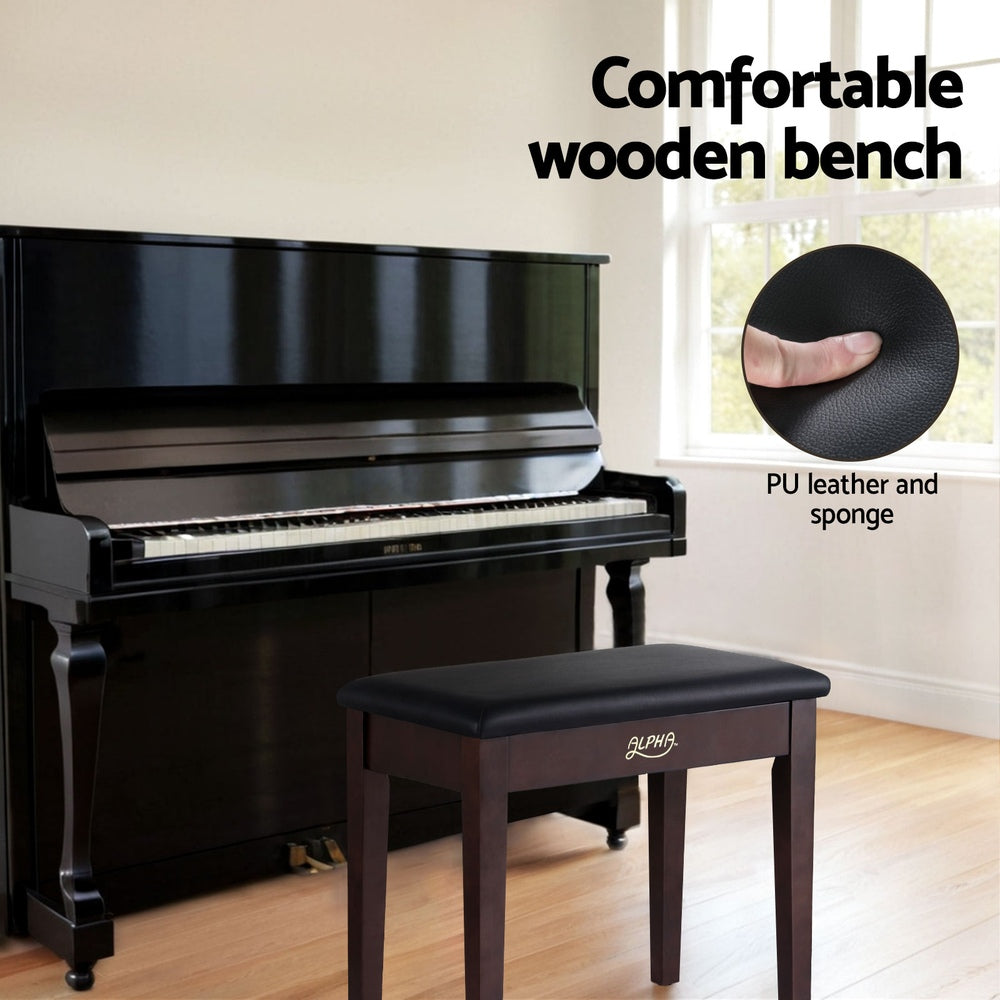 Alpha Wooden Piano Bench Stool Storage Brown PU Leather