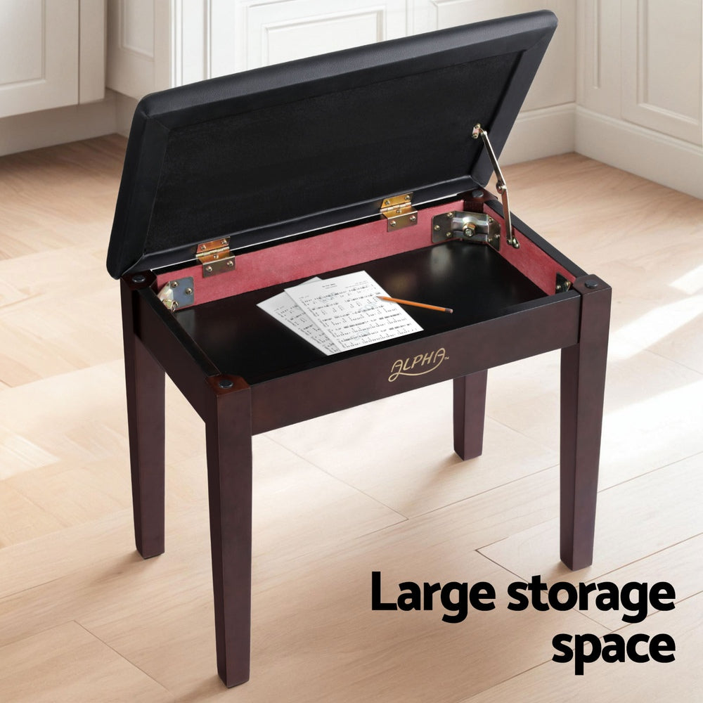 Alpha Wooden Piano Bench Stool Storage Brown PU Leather