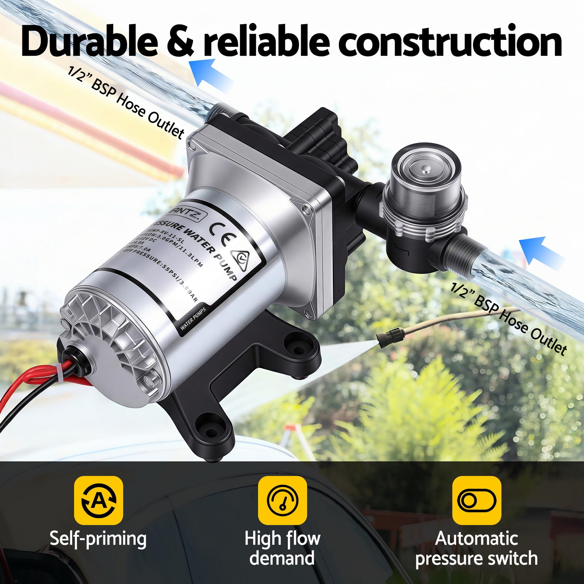 Giantz 12V DC Water Pump, 11.3LPM 55PSI 3 GPM Self-Priming RV Water Pressure Pump with Automatic Pressure Switch, for RV Marine Camping Yacht Garden Fresh Water Diaphragm, 2088-554-144 Replacement