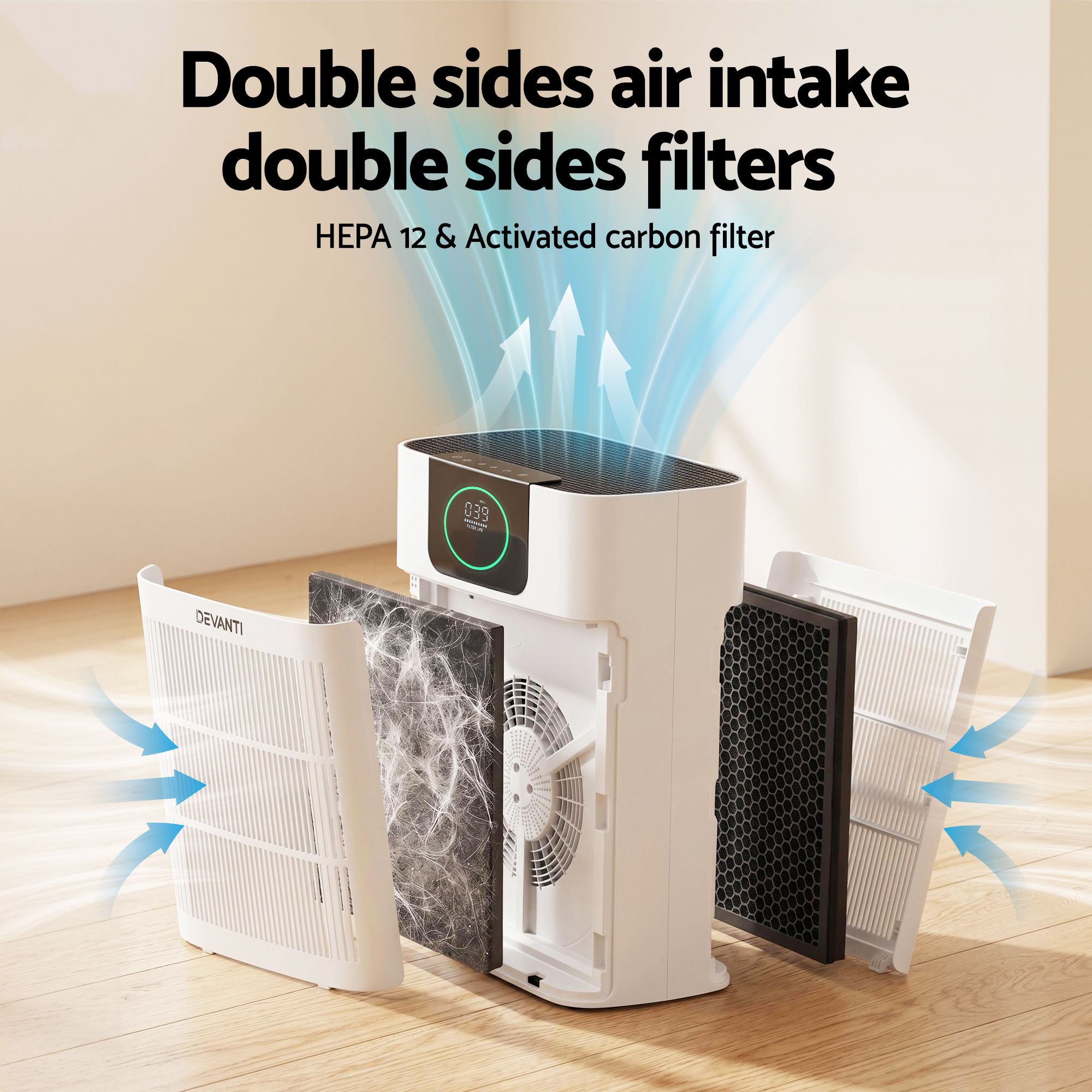 Devnati Pet Air Purifier 3 Stage HEPA Filter Cleaner PM25 Display Cat Dog Hair White