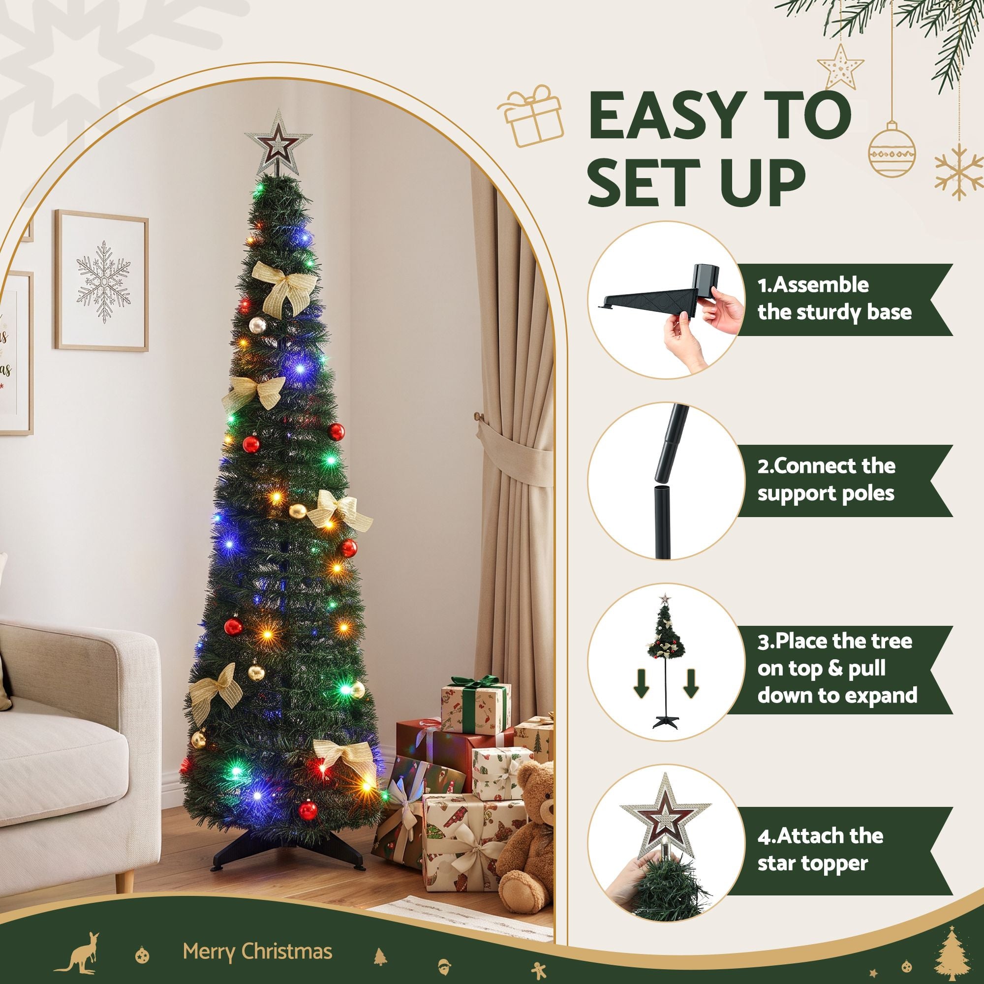 Jingle Jollys Pop Up Christmas Tree Pre Decorated Multicolour LED 155cm