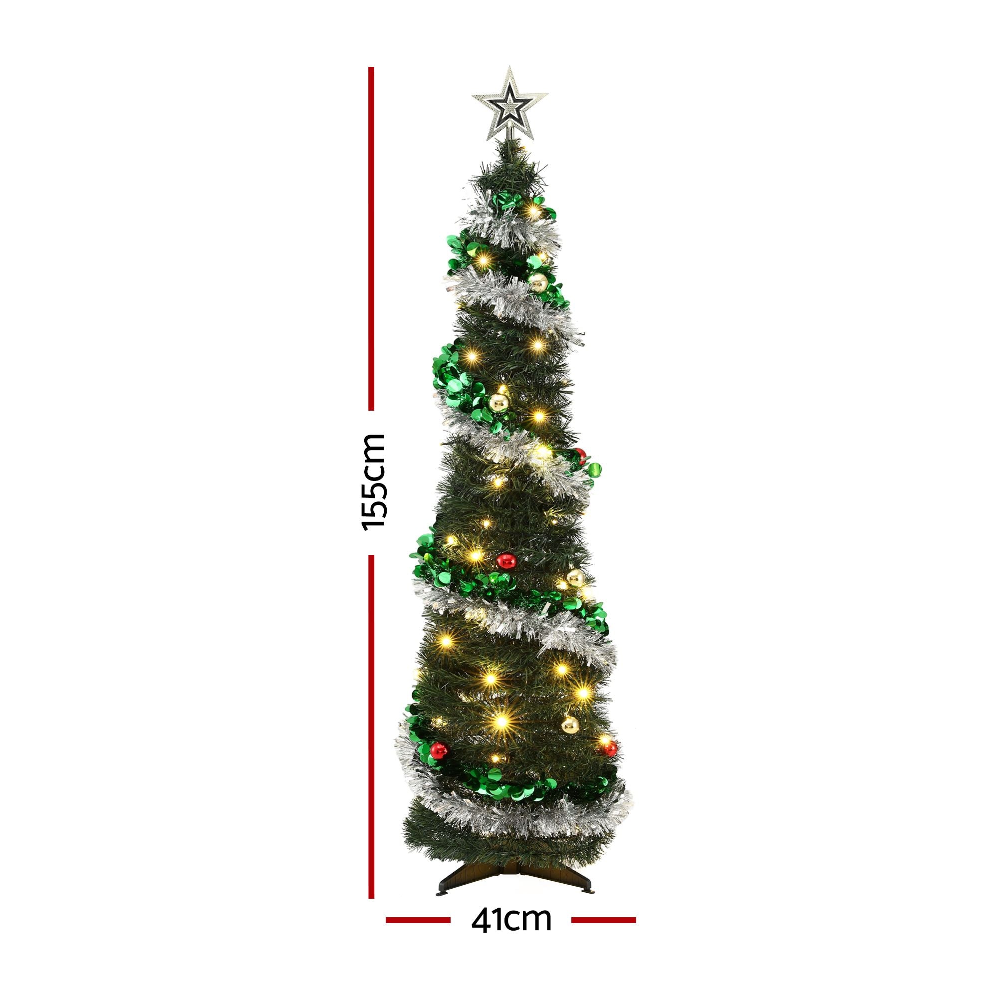 Jingle Jollys Pop Up Christmas Tree Pre Decorated Warm White LED 155cm