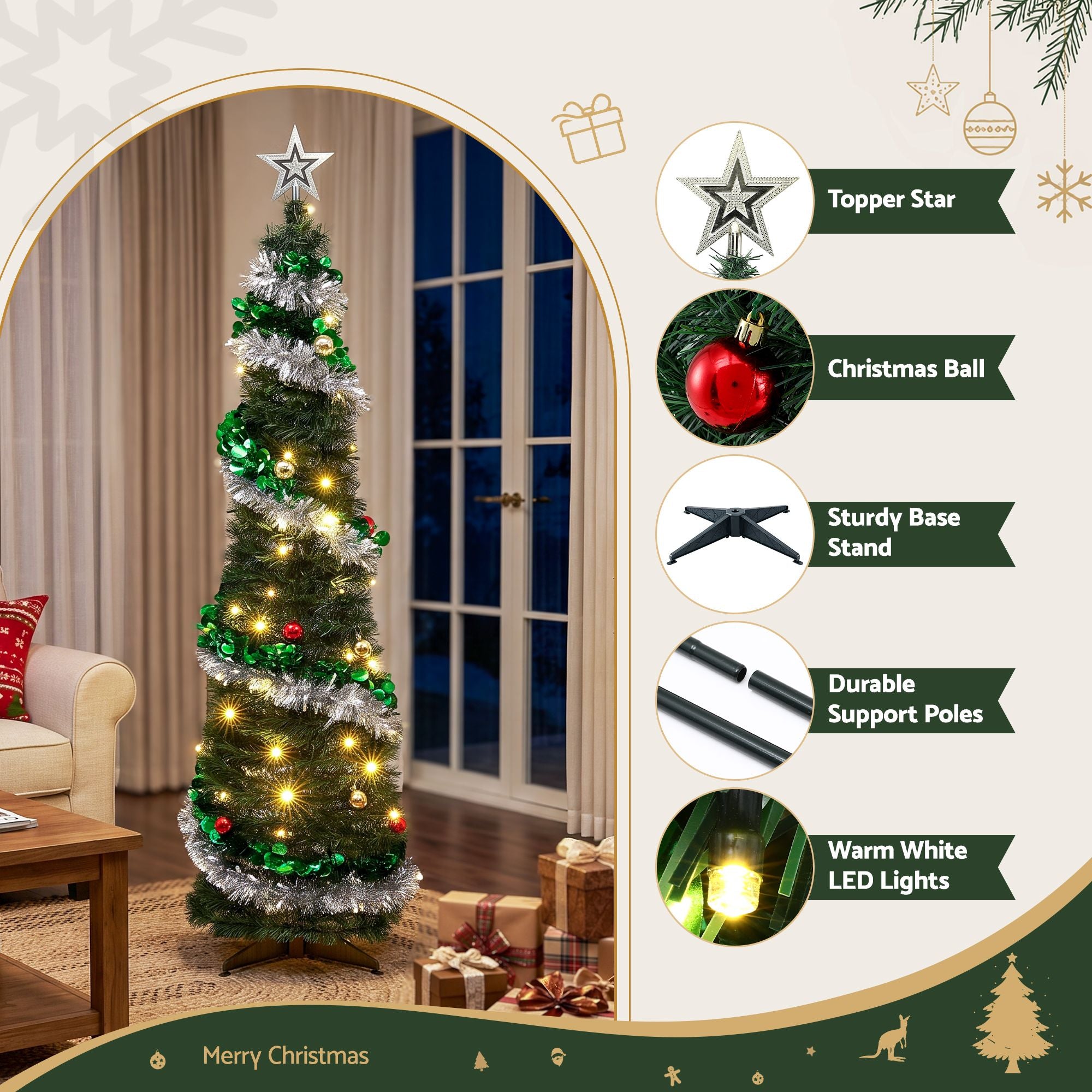 Jingle Jollys Pop Up Christmas Tree Pre Decorated Warm White LED 155cm