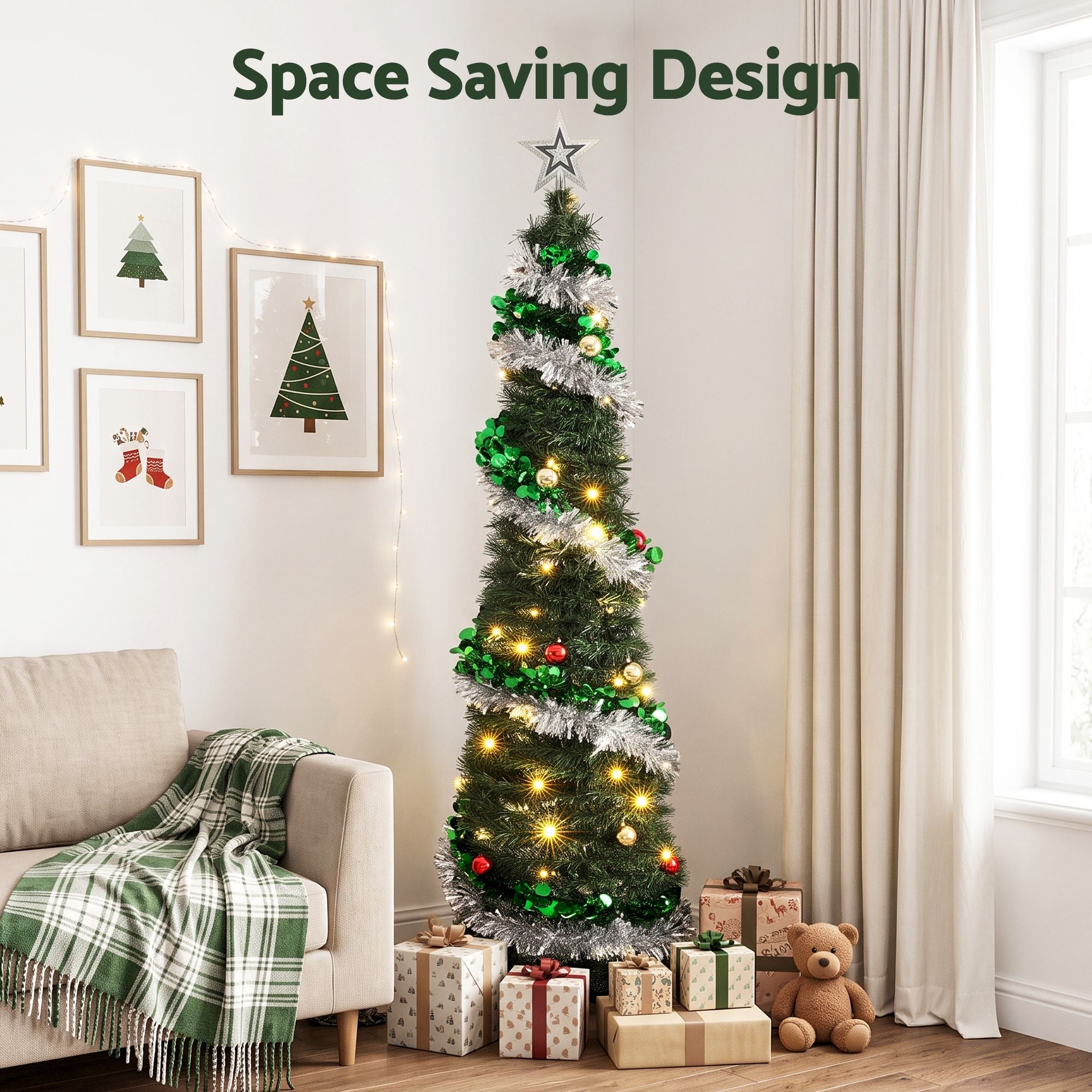 Jingle Jollys Pop Up Christmas Tree Pre Decorated Warm White LED 155cm