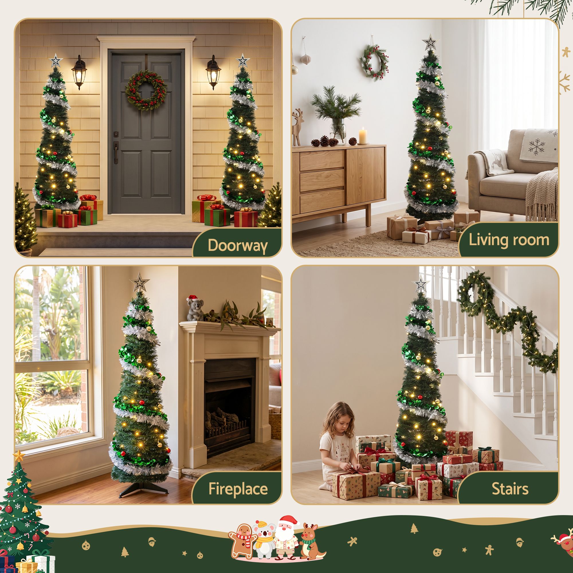 Jingle Jollys Pop Up Christmas Tree Pre Decorated Warm White LED 155cm