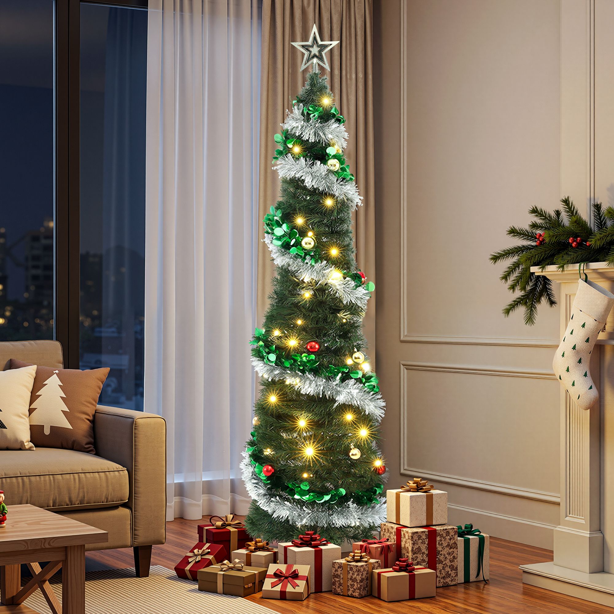 Jingle Jollys Pop Up Christmas Tree Pre Decorated Warm White LED 155cm