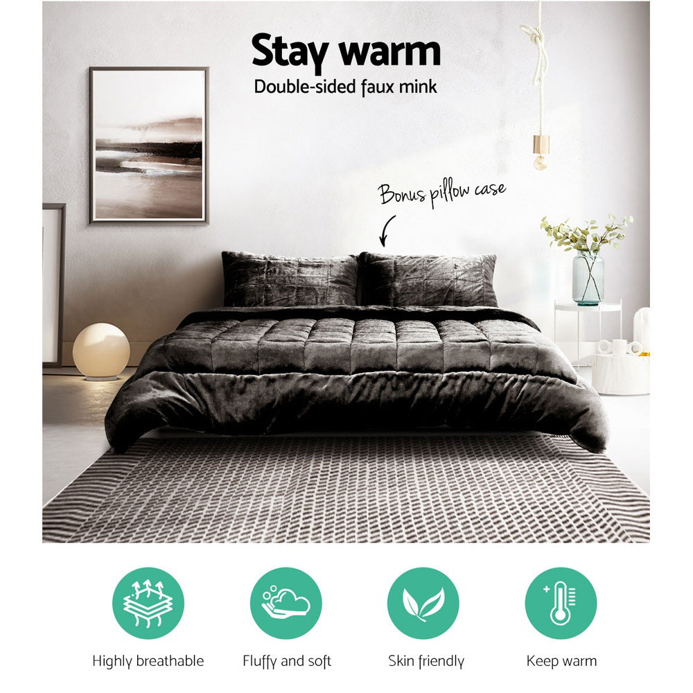 Giselle King Quilt Faux Mink Charcoal Winter Weight