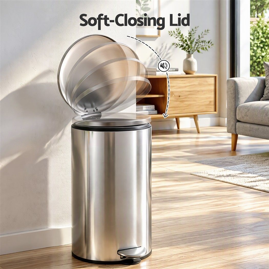 Cefito 12L Pedal Bin Rubbish Waste Bin Soft Close Lid Kitchen Bathroom Silver