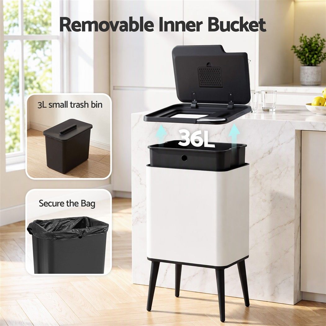 Cefito 36L Rubbish Bin Dual Compartment Kitchen Waste Bin Removable Legs White