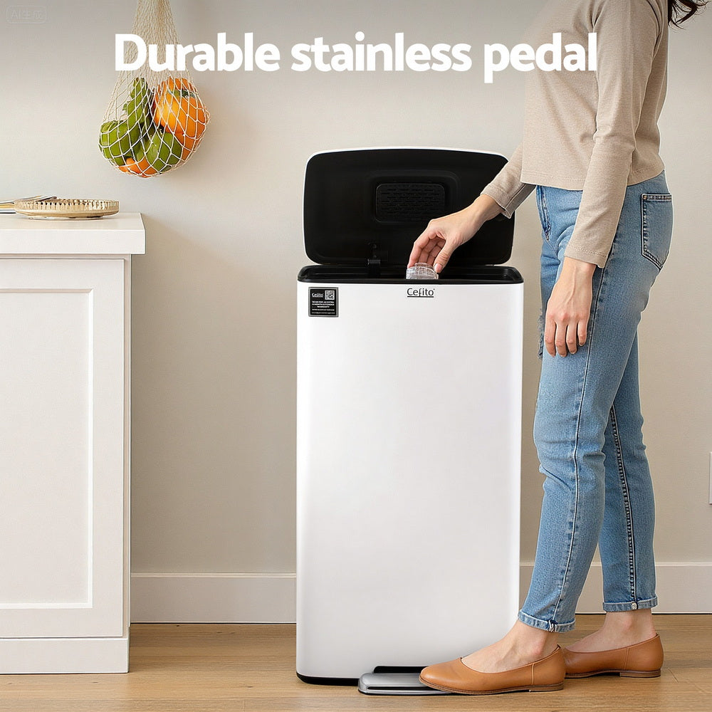 Cefito 40L Pedal Bin White Stainless Steel Soft-Close