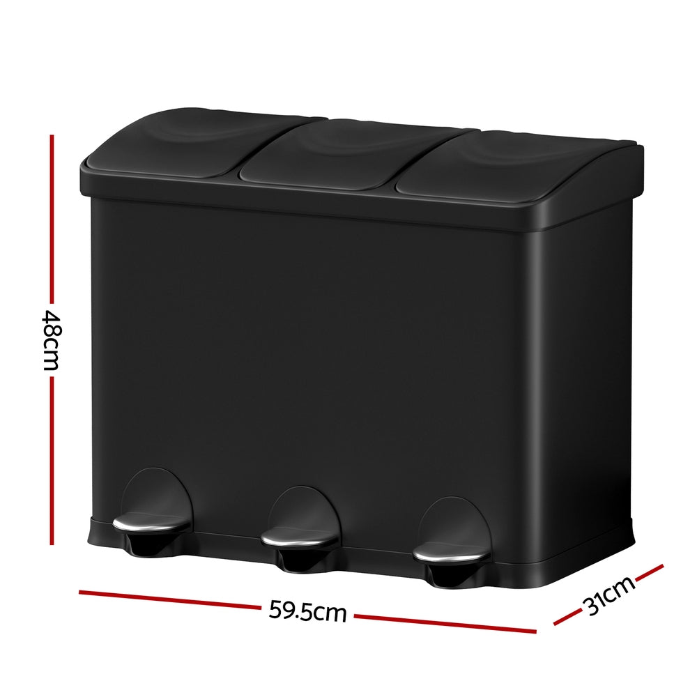 Cefito 45L Triple Compartment Pedal Bin Black