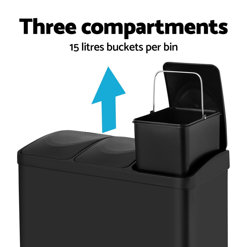 Cefito 45L Triple Compartment Pedal Bin Black