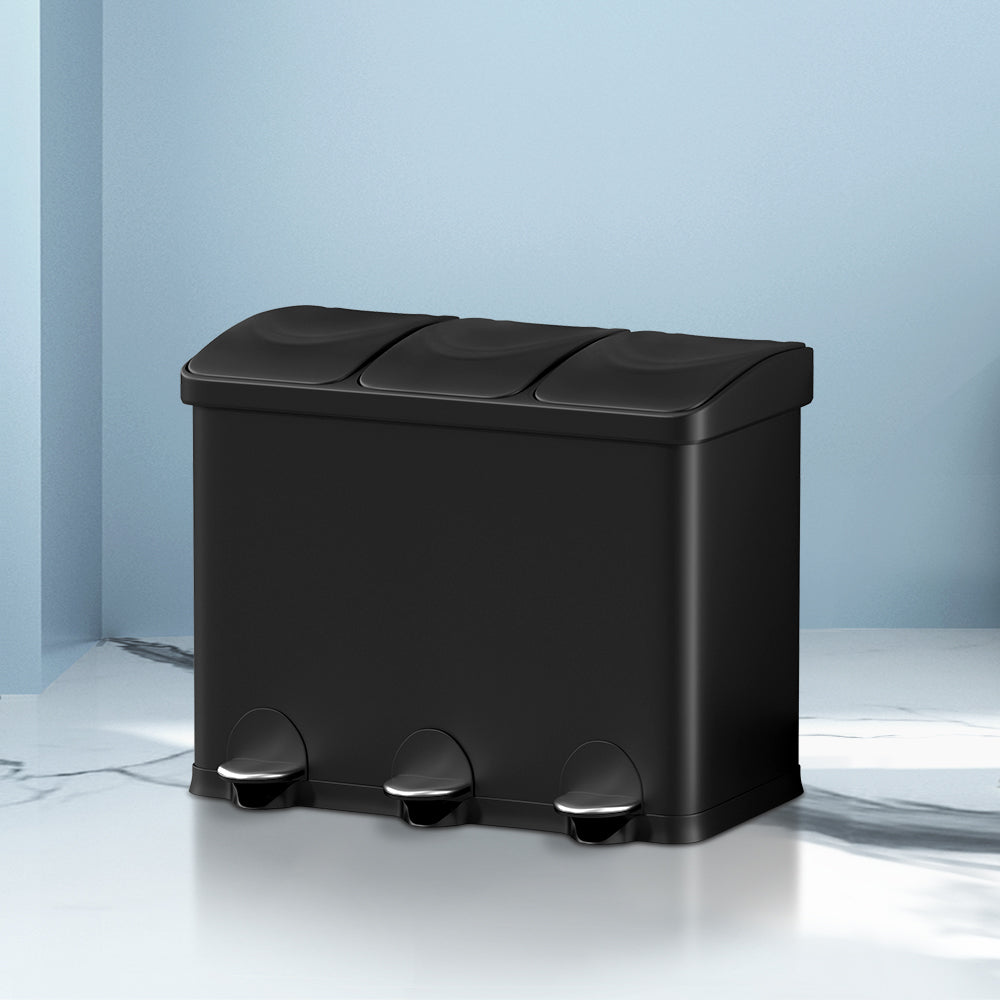 Cefito 45L Triple Compartment Pedal Bin Black
