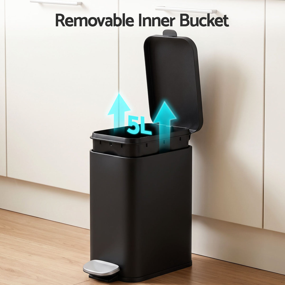 Cefito 5L Pedal Rubbish Bin Carbon Steel Rectangular Trash Can Removable Bucket Black