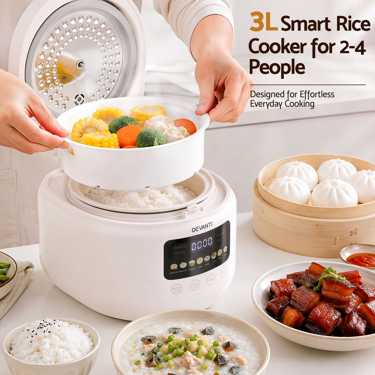 Devanti 3L Rice Cooker 6 Cup 8-in-1 Multi Cooker Off-White