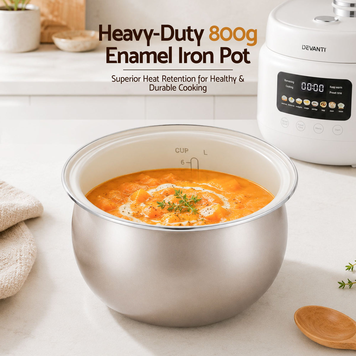 Devanti 3L Rice Cooker 6 Cup 8-in-1 Multi Cooker Off-White