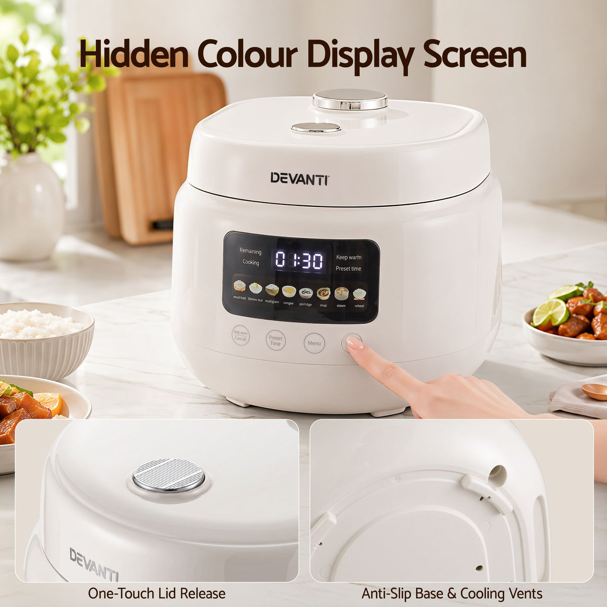 Devanti 3L Rice Cooker 6 Cup 8-in-1 Multi Cooker Off-White
