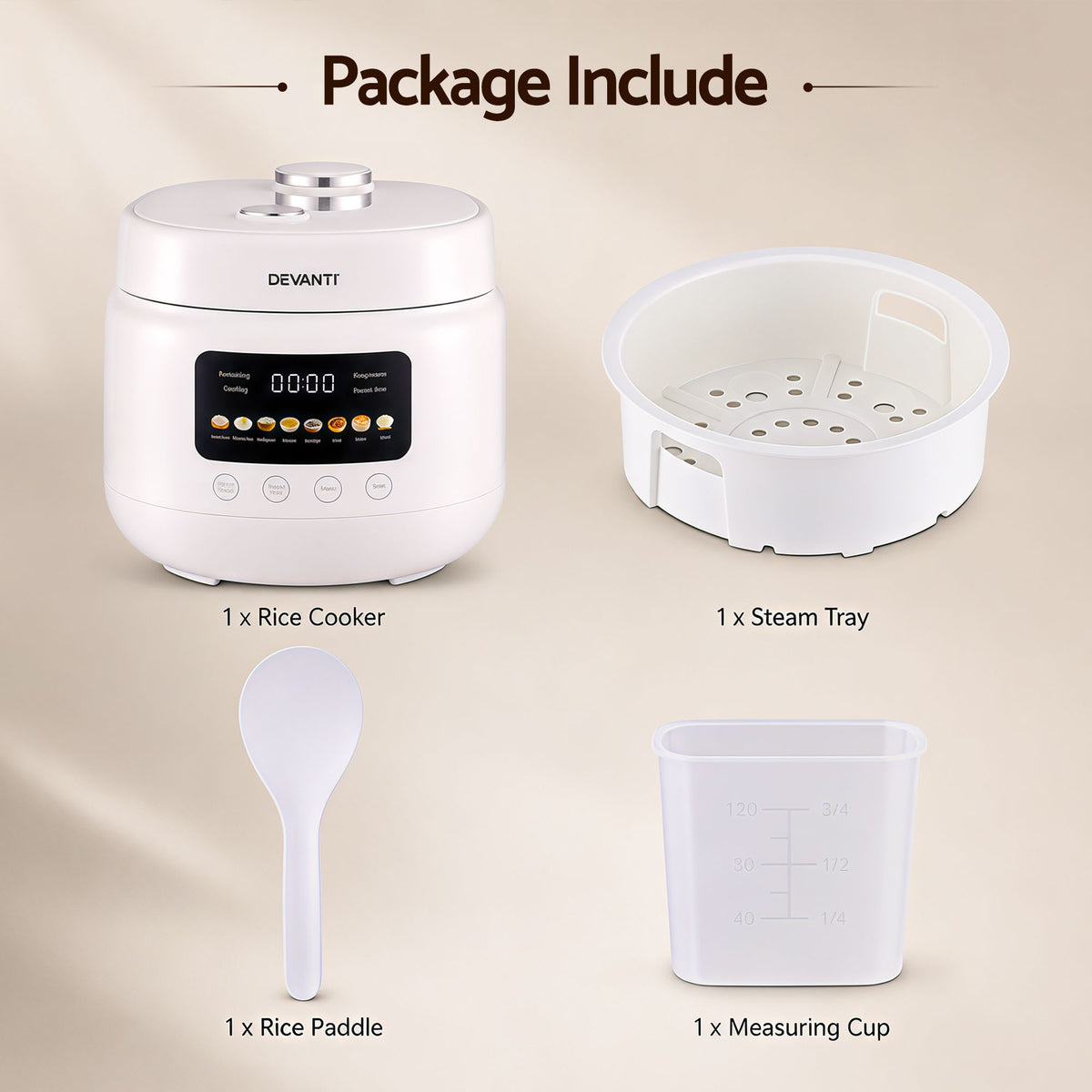 Devanti 3L Rice Cooker 6 Cup 8-in-1 Multi Cooker Off-White