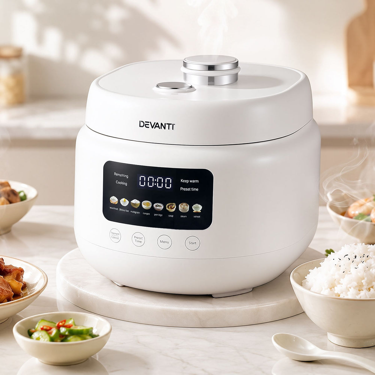 Devanti 3L Rice Cooker Small 6 Cup 8-in-1 Multi Cooker with 24H Preset Off-White