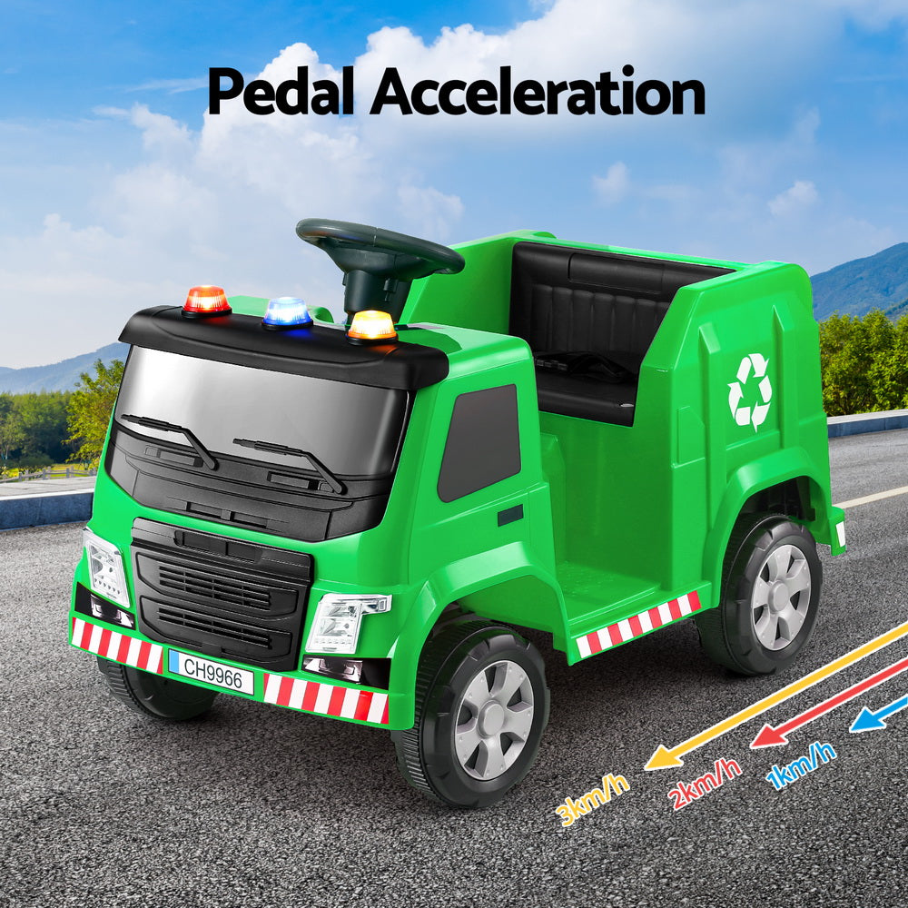 Rigo 12V Kids Ride-On Garbage Truck Green Police Light