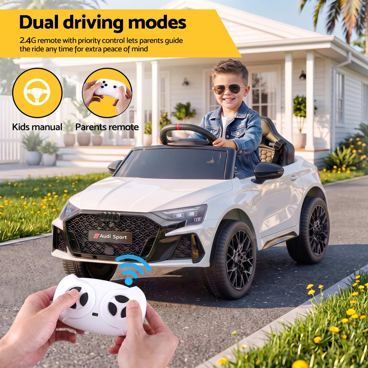 Ride On Car Licensed Audi RS3 Car for Kids 12V Remote Control White