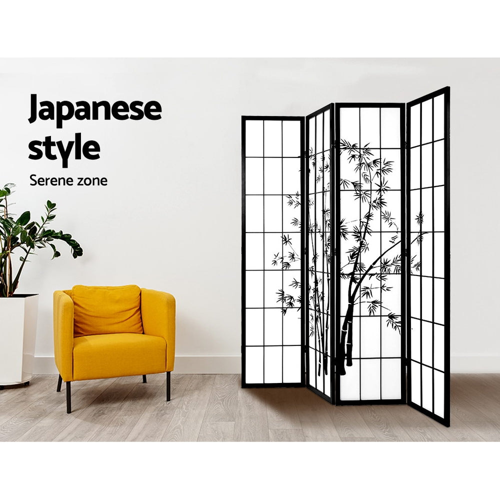 Shoji 4-Panel Room Divider Bamboo Black White