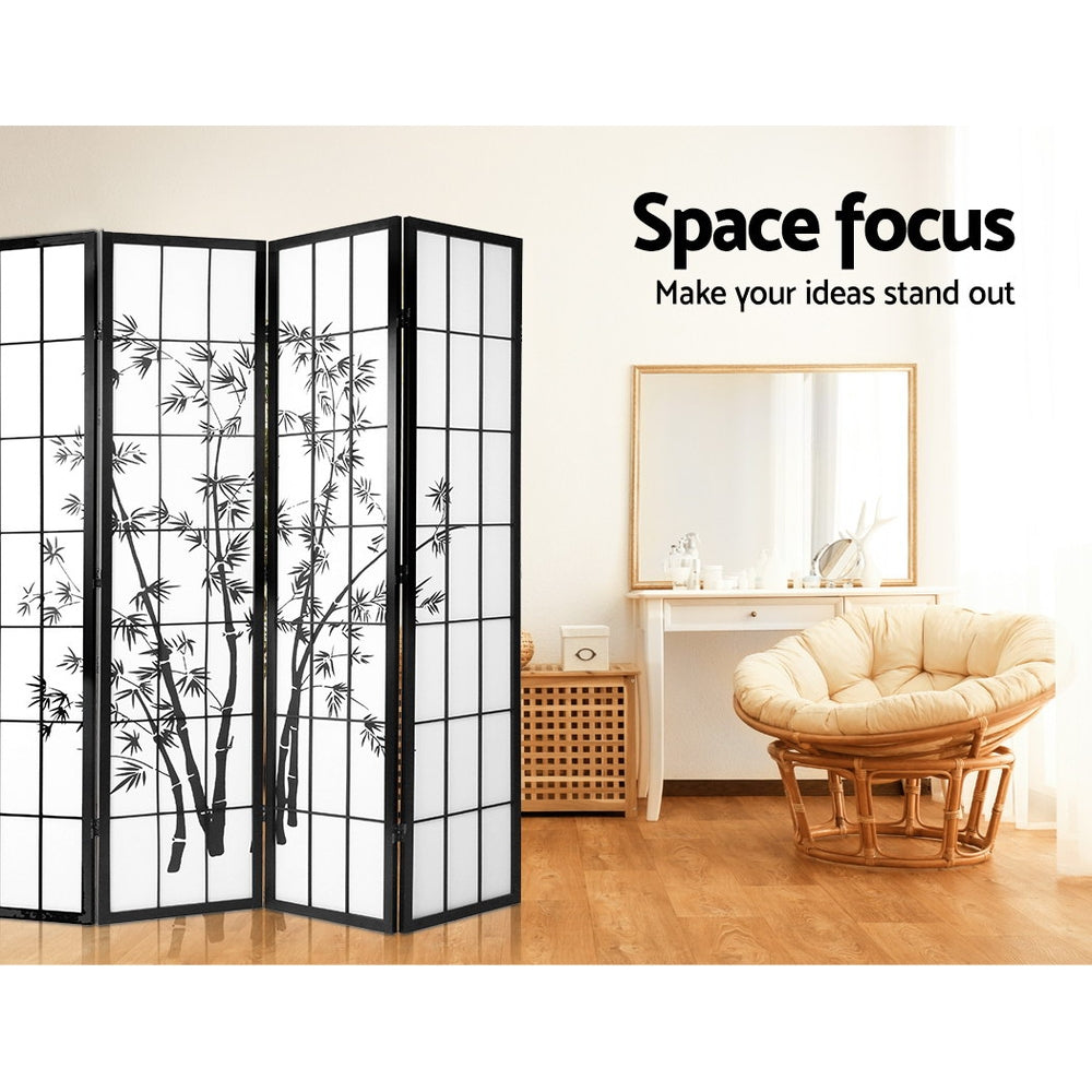 Shoji 4-Panel Room Divider Bamboo Black White