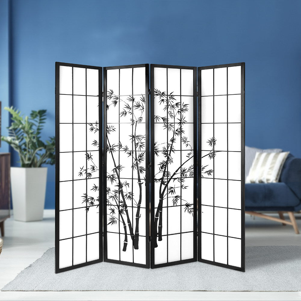Shoji 4-Panel Room Divider Bamboo Black White