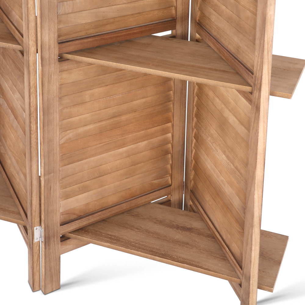 Oak 4-Panel Room Divider Screen with Shelves 163x170cm