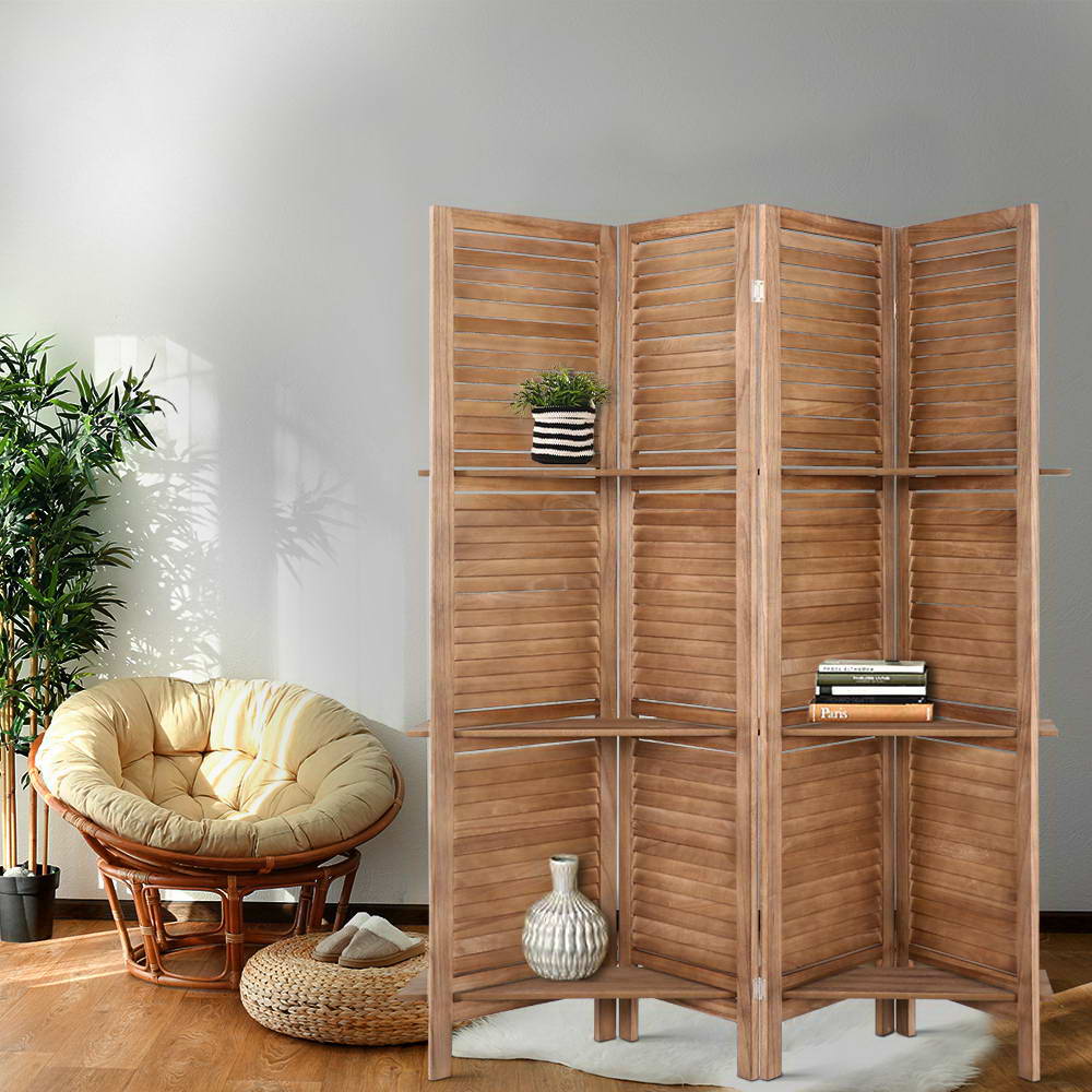 Oak 4-Panel Room Divider Screen with Shelves 163x170cm