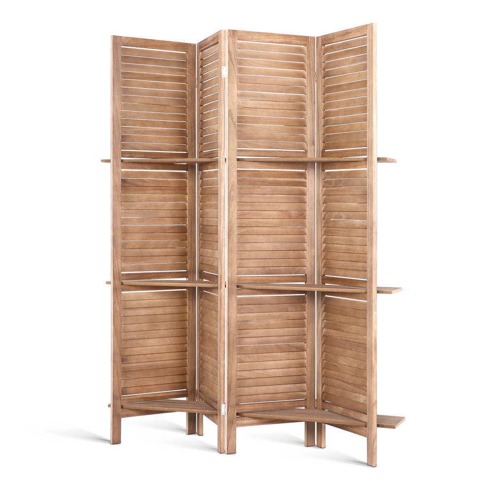 Oak 4-Panel Room Divider Screen with Shelves 163x170cm