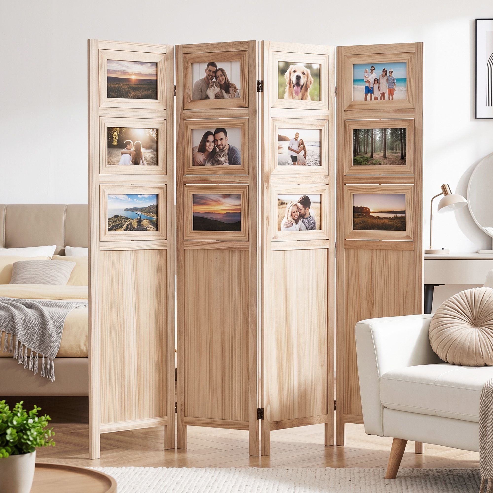 Artiss Room Divider 4 Panel Folding Privacy Screen Partition Rotatable Photo Frame Picture Collage Display Solid Wood Natural