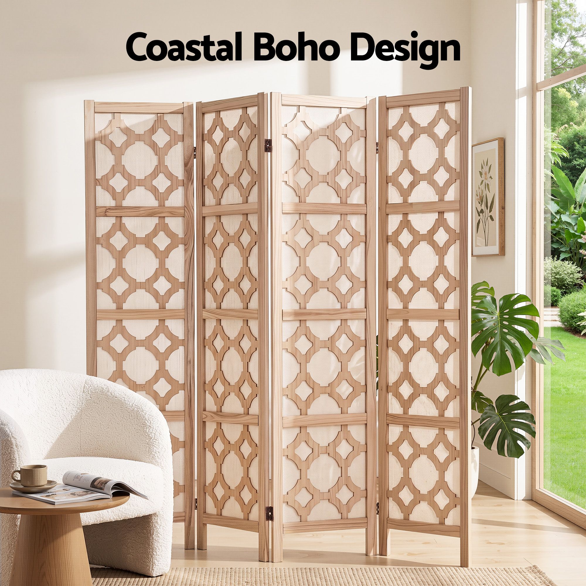 Artiss 4 Panel Room Divider Folding Privacy Screen Wooden Partition Geometric Freestanding Separator Natural 170cm